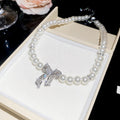 Silver Crystal Bow Pearl Necklace Ear Clip Stud Four Styles view 6