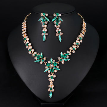 Black Silver Tone Green Crystal Floral Vine Crystal Two Designs Metal Necklace and Earring