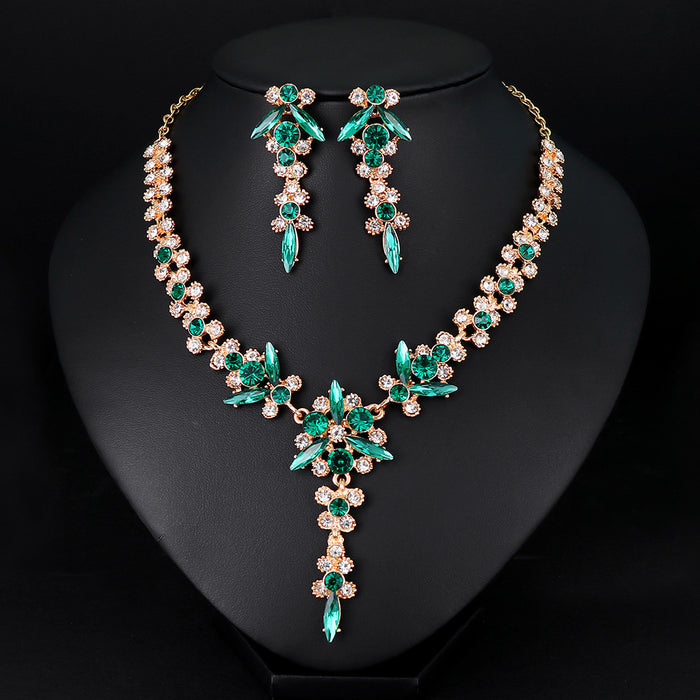 Black Silver Tone Green Crystal Floral Vine Crystal Two Designs Metal Necklace and Earring