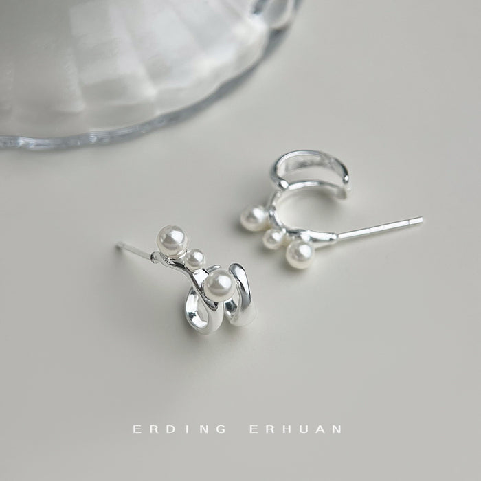 Silver-Tone Twisted Wave Stud Three Pearl Earrings