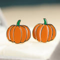 Orange Enamel Pumpkin Stud Earrings with Green Stems view 2