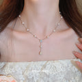 Silver Tone Faux Pearl Station Necklace With Flower Drop Pendant view 3