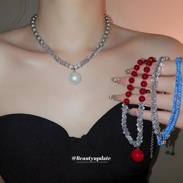 Beaded Necklace with Large Round Pendant in Three Colors