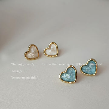Gold-Tone Heart Bezel Inlay Stud Earrings Two Colors