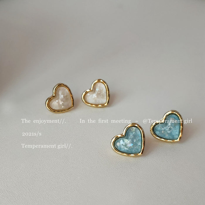 Gold-Tone Heart Bezel Inlay Stud Earrings Two Colors
