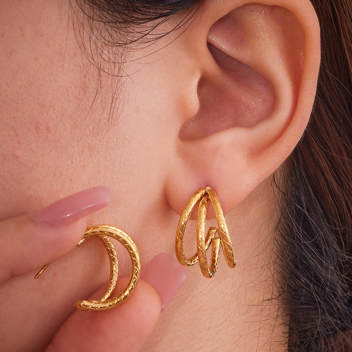 Triple Layer Lattice Texture C Hoop Earrings Gold Steel