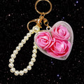 Rose Filled Clear Heart Keychains with Pearl Loops in Eleven Options view 2