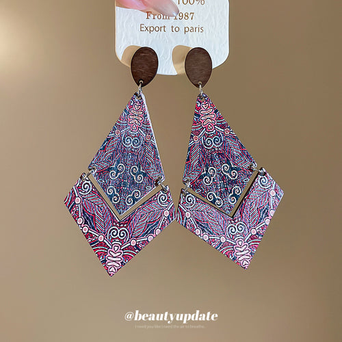 Pink Patterned Diamond Wood Drop Earrings shown in the primary product view