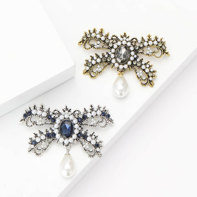 Pearl and Crystal Ribbon Bow Brooch with Teardrop Dangle grouped product view