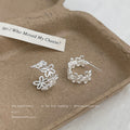 Silver Openwork Flower Lace Half Hoop Stud Earrings view 3