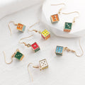 Multicolor Enamel Dice Cube Dangle Earrings Gold Hooks view 1