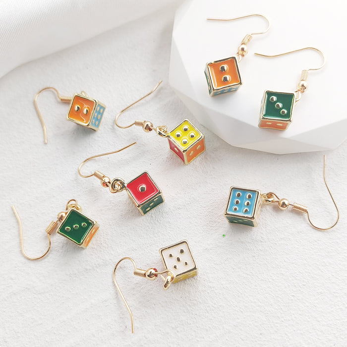 Multicolor Enamel Dice Cube Dangle Earrings Gold Hooks