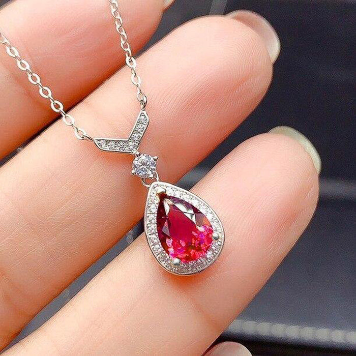 Red Teardrop Stone Halo Silver Tone Necklace Polished Jewelry Accessory