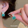 Pink and Green Square Gem Drop Stud Earrings Fashion Jewelry view 2