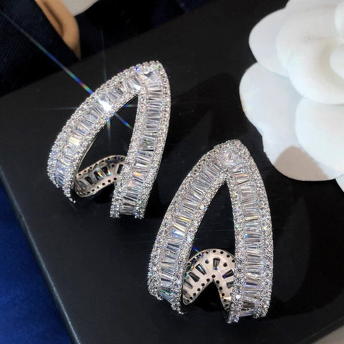 Silver Tone Triangle Hollow Baguette CZ Stud Earrings