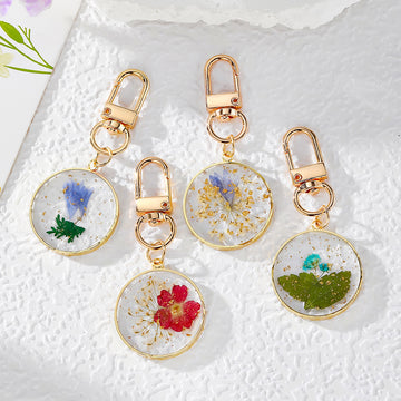Gold Frame Round Resin Pressed Flower Keychains Lobster 4 Styles