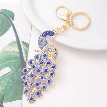 Rhinestone Peacock Bird Keychain Gold Tone Clasp Ring