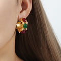 Gold Textured Hoop Earrings Red Green Blue Resin Pearl Accents view 4
