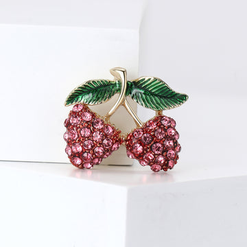 Pink Crystal Twin Cherry Brooch Green Enamel Leaves