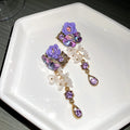 Purple Flower and Crystal Long Drop Earrings Fashion Jewelry Accessories view 4