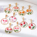 Gold Tone Round Raised Tulip Pressed Flower Resin Drop Earrings view 1