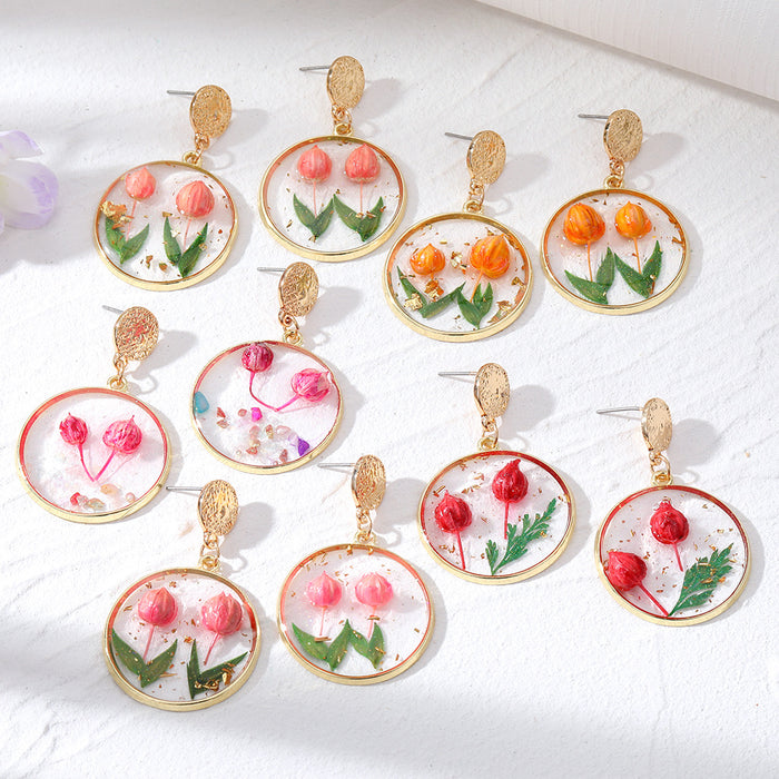 Gold Tone Round Raised Tulip Pressed Flower Resin Drop Earrings