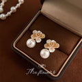 Gold Camellia Pearl Drop Pavé Flower Stud Earrings view 4