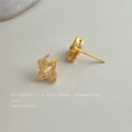 Gold Ribbed Openwork Four Petal Flower Studs Clear Stones view 4