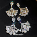 Fan Shaped Crystal Earrings with Pearl Fringe in Two Tones view 1