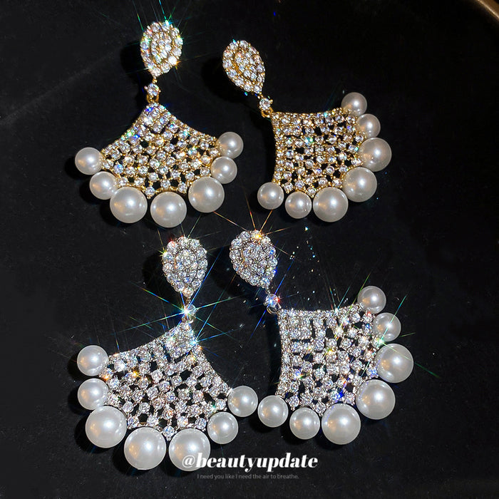 Fan Shaped Crystal Earrings with Pearl Fringe in Two Tones