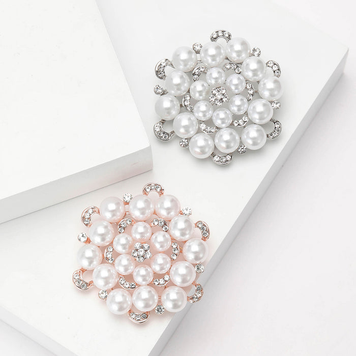 Round Pearl Cluster Brooch in Silver or Rose Gold Tone