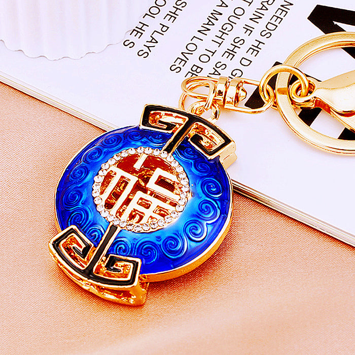 Jeweled Fortune Plaque Keychains in Red, Gold and Blue Enamel