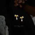 Gold Mini Bow Stud Earrings Teardrop Zircon Dangle view 4