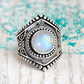 Antique Silver Hexagon Moonstone Look Cabochon Ring view 1