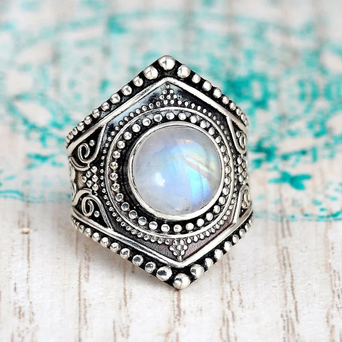 Antique Silver Hexagon Moonstone Look Cabochon Ring