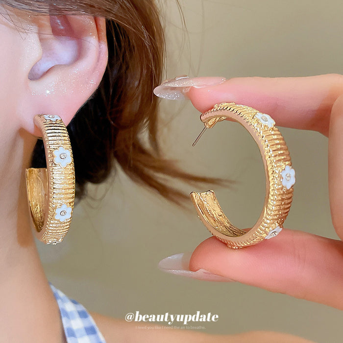 Gold Tone White Pave Wide C Shape Hoop Stud Earrings