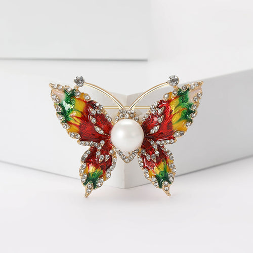 Red multicolor enamel butterfly brooch front close-up