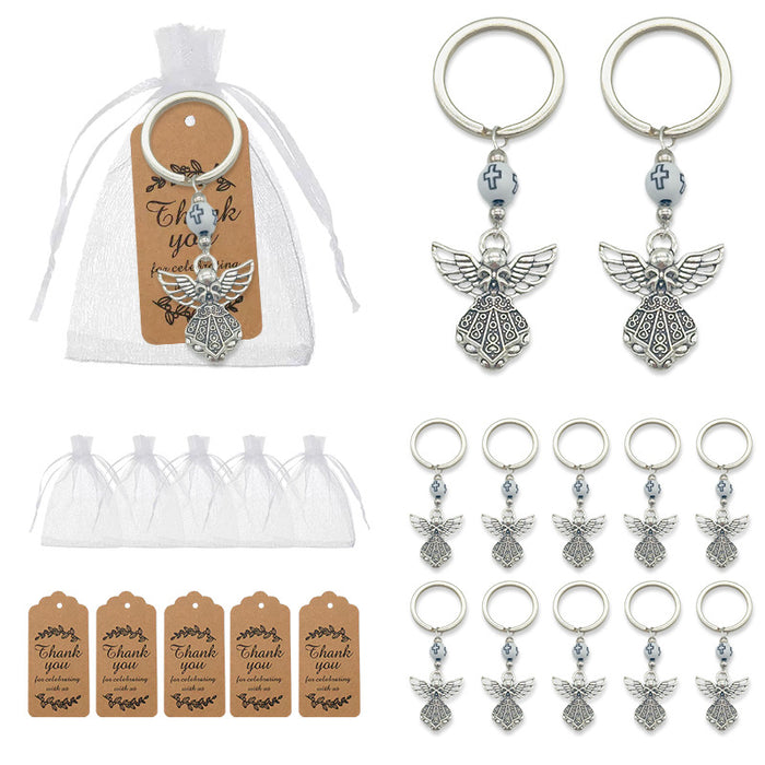 Silver-Tone Angel Keychain With Cross Bead, Bag And Tag Options