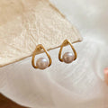 Gold Tone Teardrop Frame Pearl Stud Earrings for Women view 6