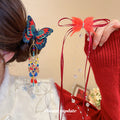 Red Ribbon Bow Butterfly Multicolor Tassel Hair Clips view 3