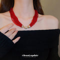 Red Multi Strand Seed Bead Choker Gold Crystal Clasp view 1