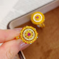 Gold Round Filigree Flower Disc Open Ring Red Center Stone view 4