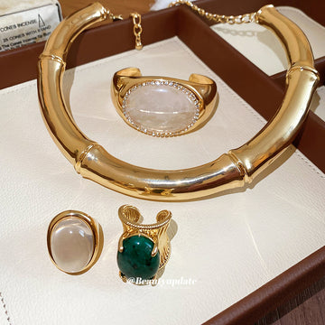 Gold Bamboo Collar Cuff Bracelet Oval Stone Rings Set Pieces