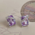 Purple Rectangle CZ Stud Earrings Silver Diagonal Bar view 1