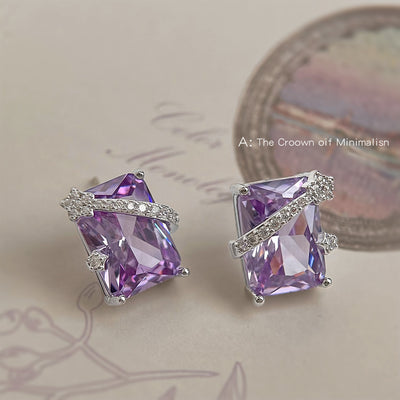 Purple rectangle CZ studs with diagonal pavé bars on printed paper