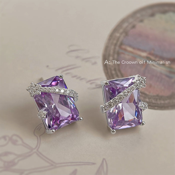 Purple Rectangle CZ Stud Earrings Silver Diagonal Bar