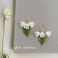 Gold White Lily of the Valley Green Leaf Drop Earrings view 1