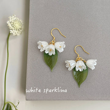 Gold White Lily of the Valley Green Leaf Drop Earrings