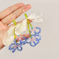 White Sheer Petal Green Bead Cluster Long Hook Earrings view 3