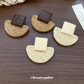Wood Square and Woven Semicircle Statement Stud Earrings view 4